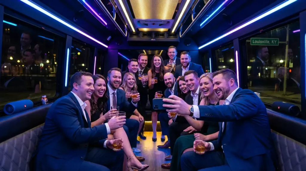 A group of friends dressed up enjoying drinks inside a party bus.