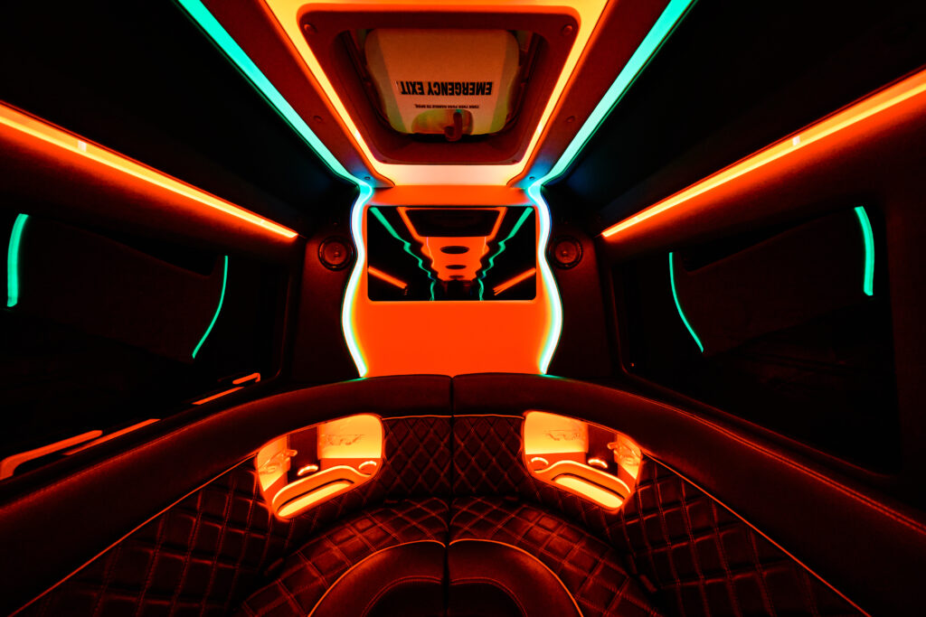 Inside of Party Bus with neon lights