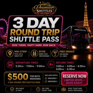 Promotional image for Premier Shuttles’ 3-day round trip shuttle pass in Las Vegas.