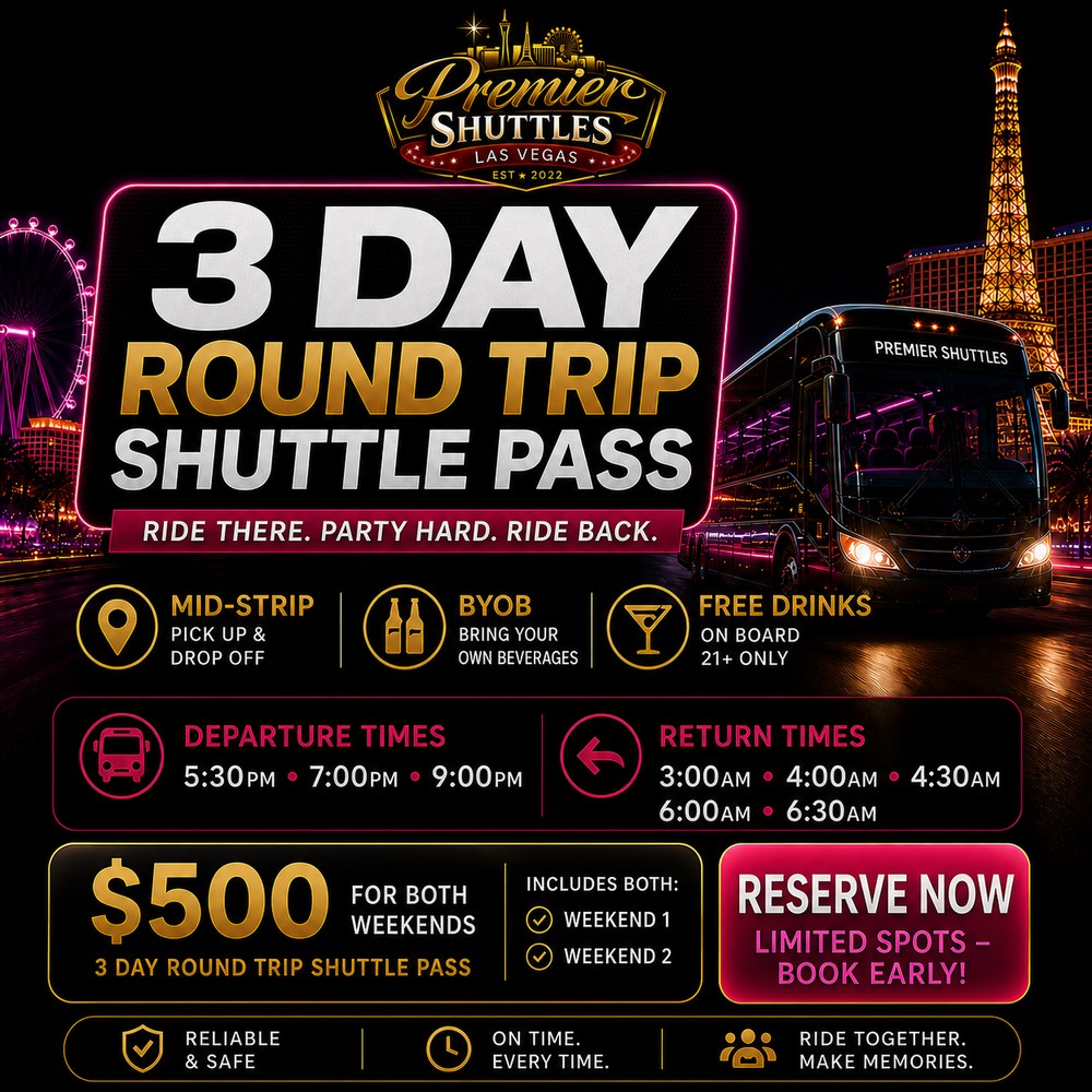 Promotional image for Premier Shuttles’ 3-day round trip shuttle pass in Las Vegas. Features shuttle details, pricing, departure and return times, and images of a shuttle, city lights, Ferris wheel, and Eiffel Tower replica. Pregame Las Vegas