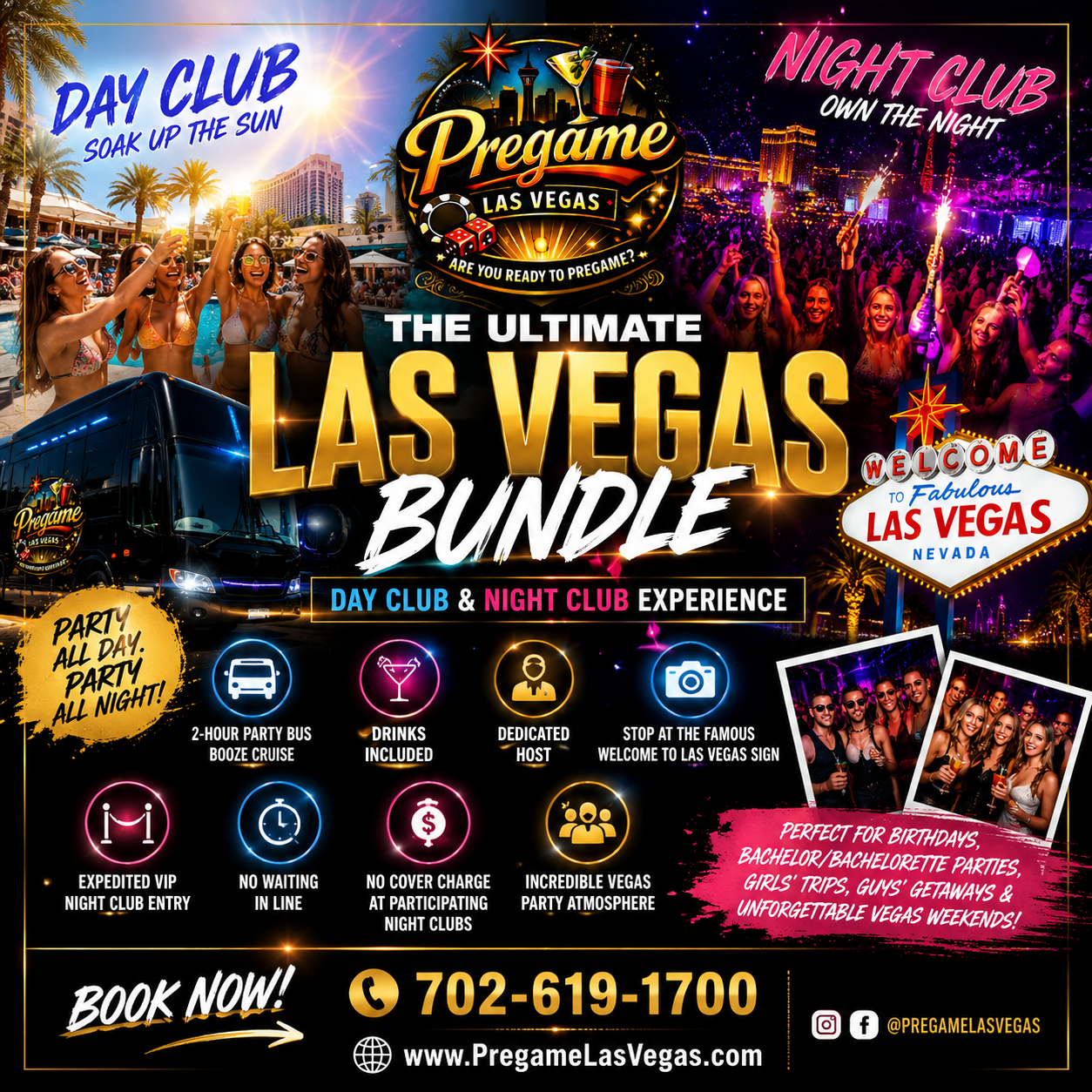 Colorful promotional graphic for The Ultimate Las Vegas Bundle, featuring day and night club experiences, party bus, drinks, exclusive perks, neon lights, Las Vegas sign, contact info, and event highlights against a lively city backdrop. Pregame Las Vegas