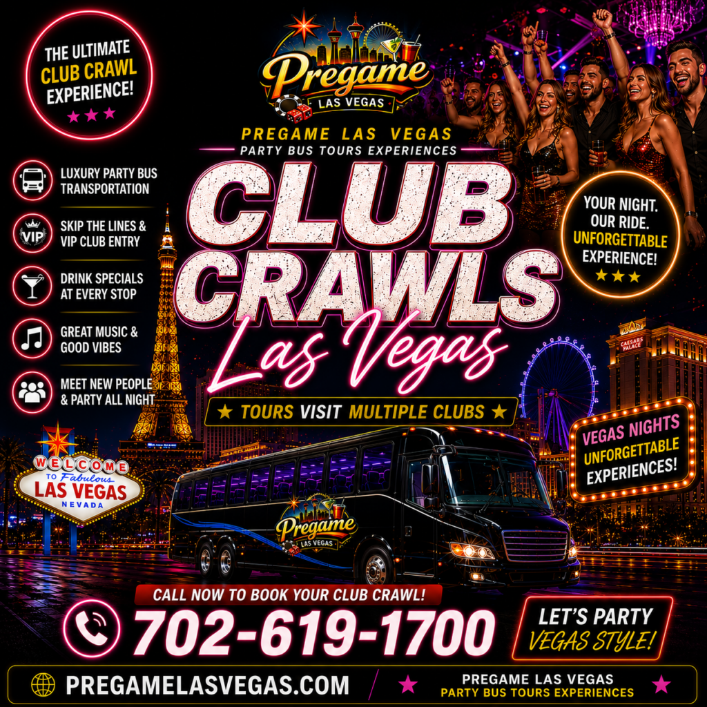 Club Crawls Las Vegas for Pregame Las Vegas Party Bus Tours. People partying in a nightclub with las Vegas. Black with white writing.