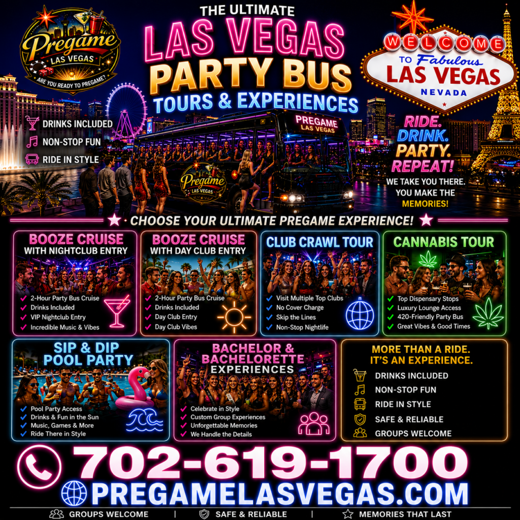 Pregame Combo Ad about Booze Cruise, Cannabis Tour, & Sip and Dip Pool Party, Club Crawls tours.