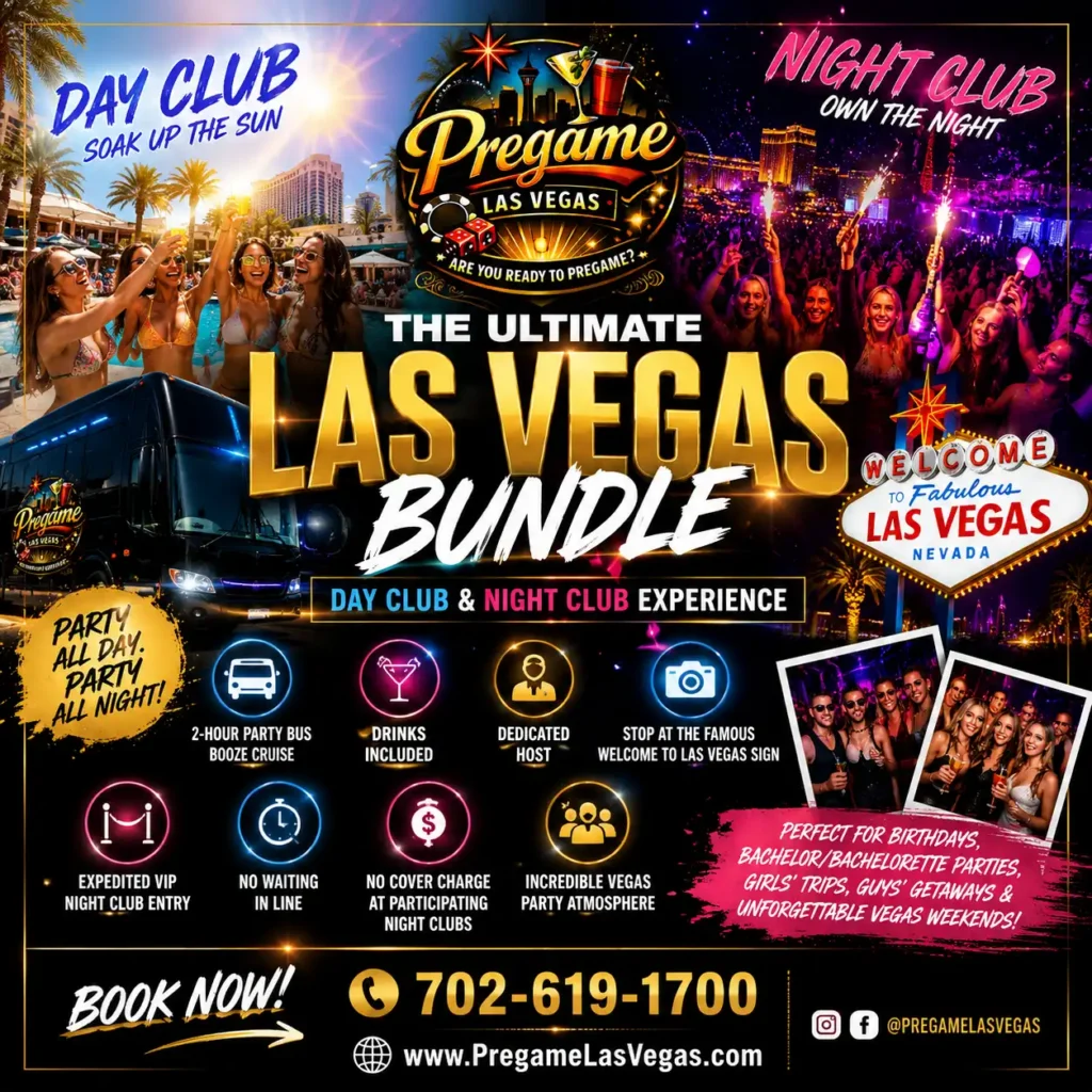 Colorful promotional graphic for The Ultimate Las Vegas Bundle, featuring day and night club experiences, party bus, drinks, exclusive perks, neon lights, and event highlights against a lively city backdrop.