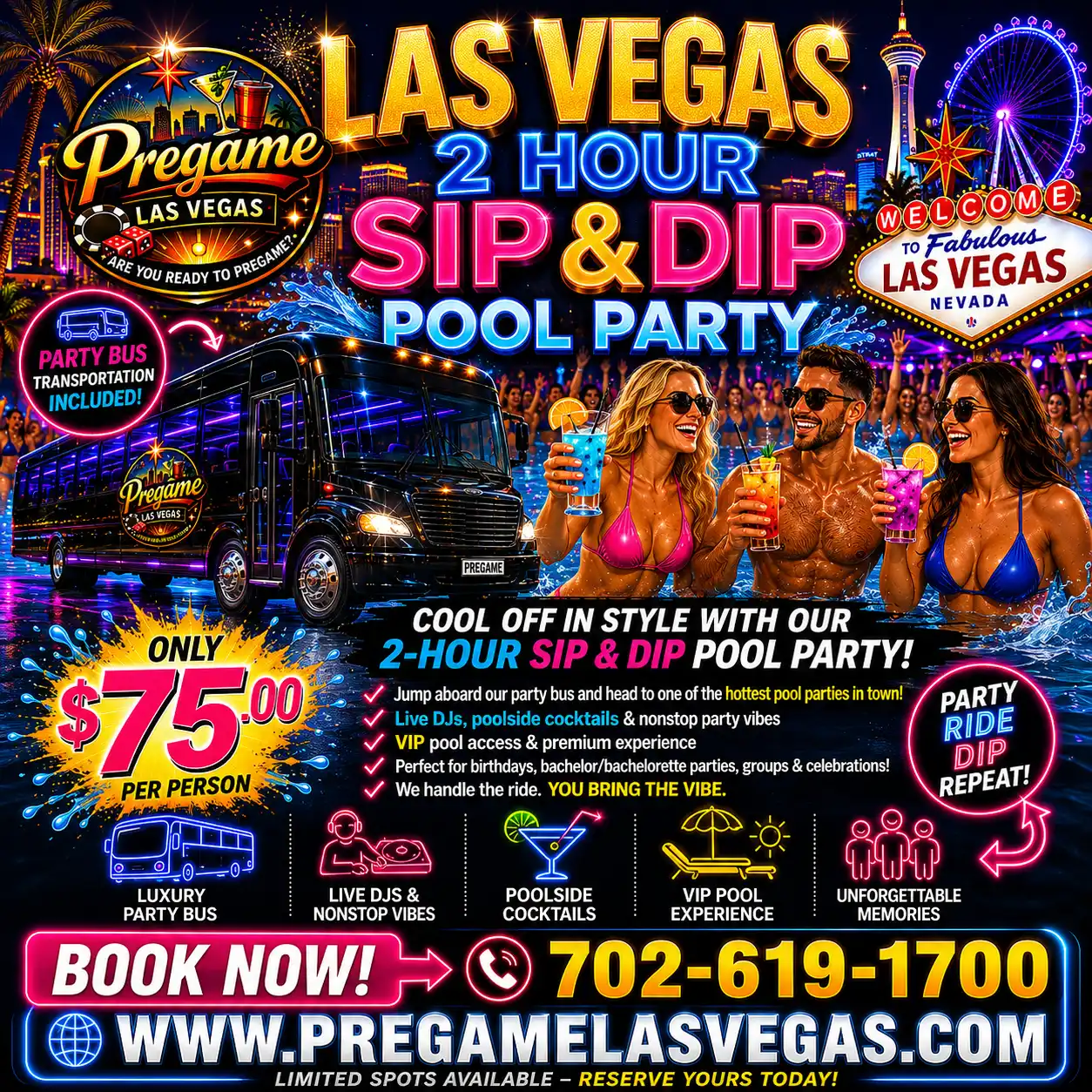 Pretty Girls and Guys drinking at a Pregame Las Vegas Sip & Dip Pool Party