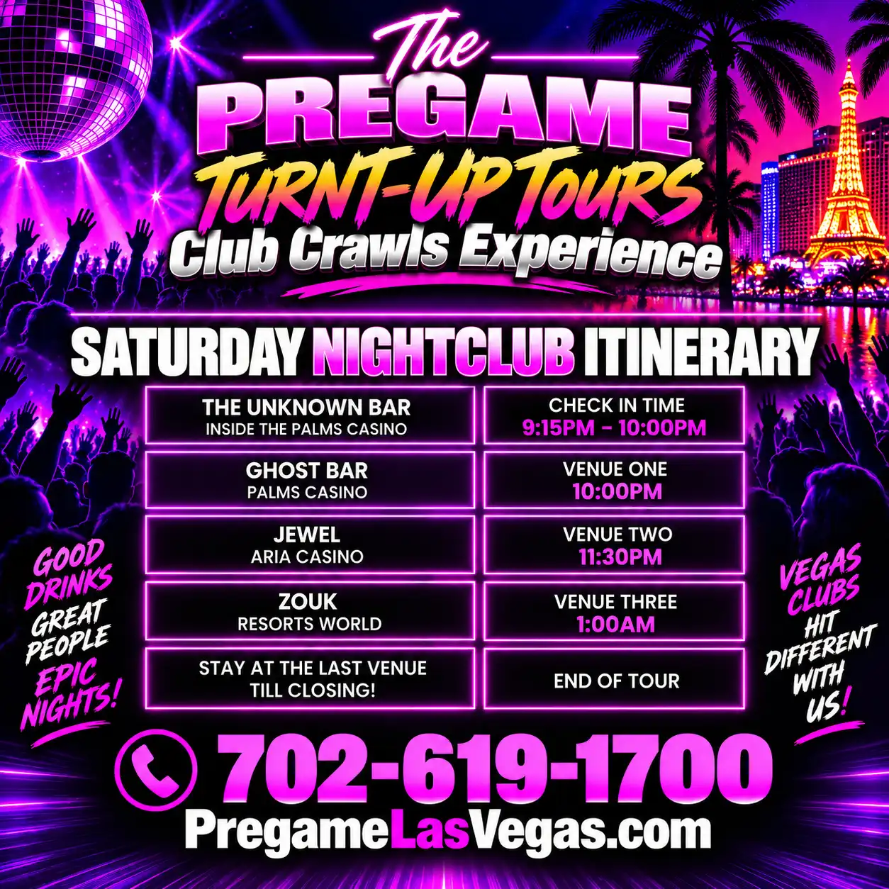 Colorful Las Vegas Ad for a Pregame TurnT-Up Club Crawl Tours.