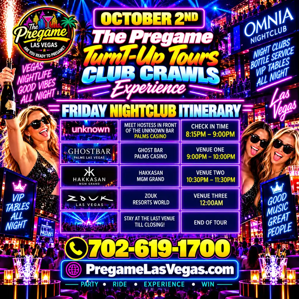 Friday Pregame TurnT-Up Tours Club Crawl Experience ad in purple.