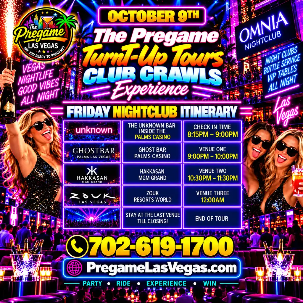 Friday Pregame TurnT-Up Tours Club Crawl Experience ad in purple.