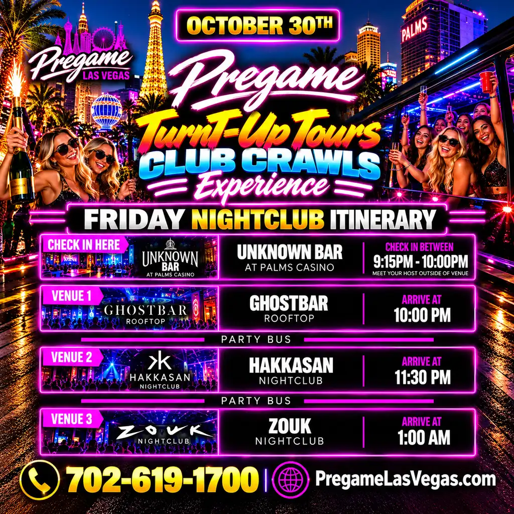 Friday Pregame TurnT-Up Club Crawl Tours Graphic Ad with club lists.