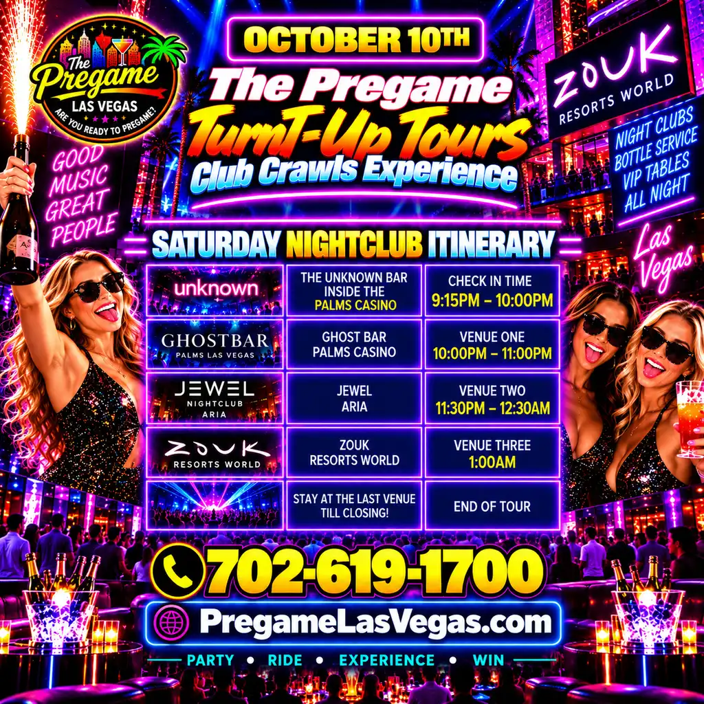 Saturday Pregame TurnT-Up Tours Club Crawl Experience ad in purple.