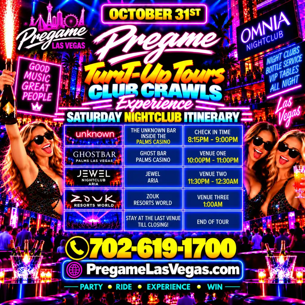 Saturday Pregame TurnT-Up Club Crawl Tours Graphic Ad with club lists.