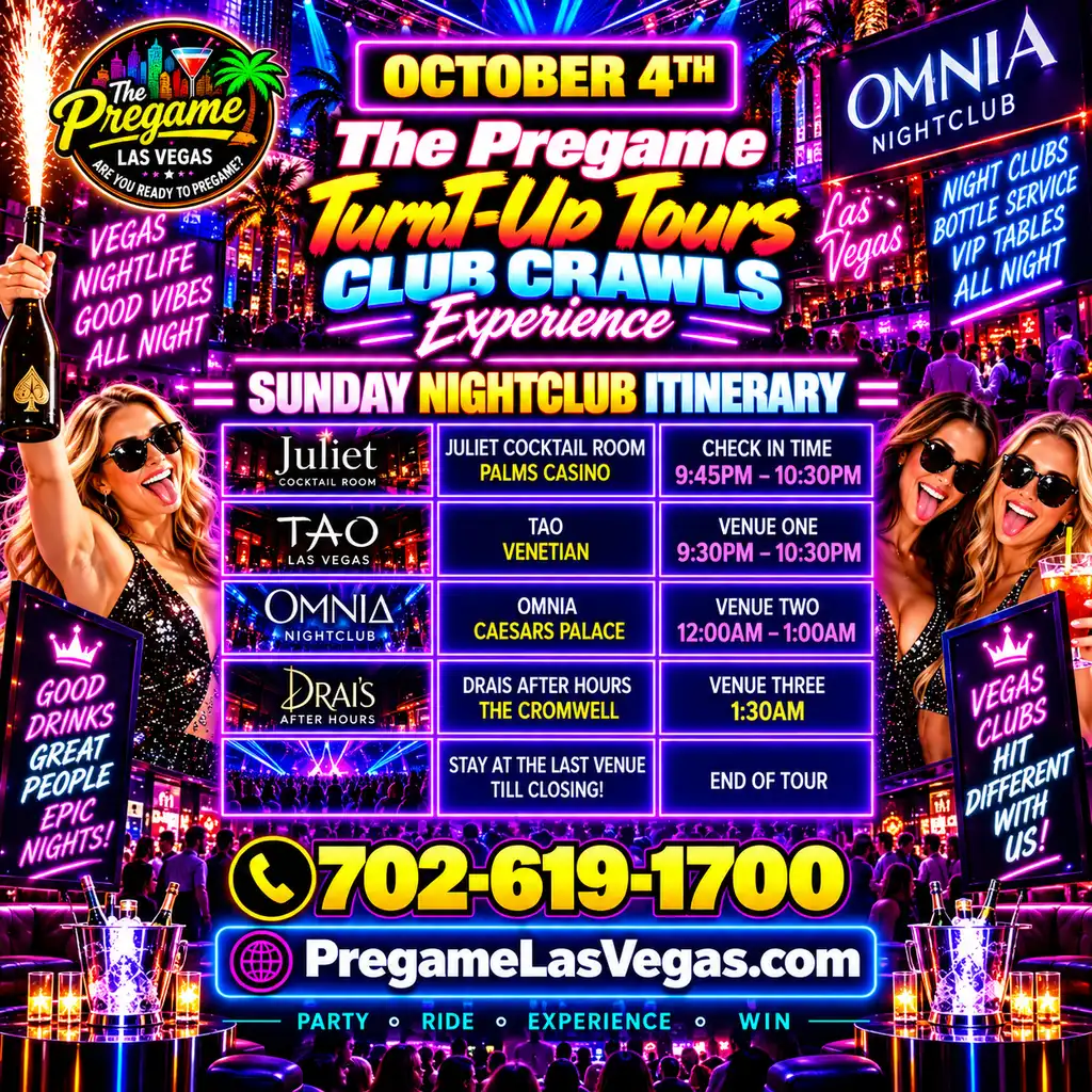 Sunday Pregame TurnT-Up Tours Club Crawl Experience ad in purple.