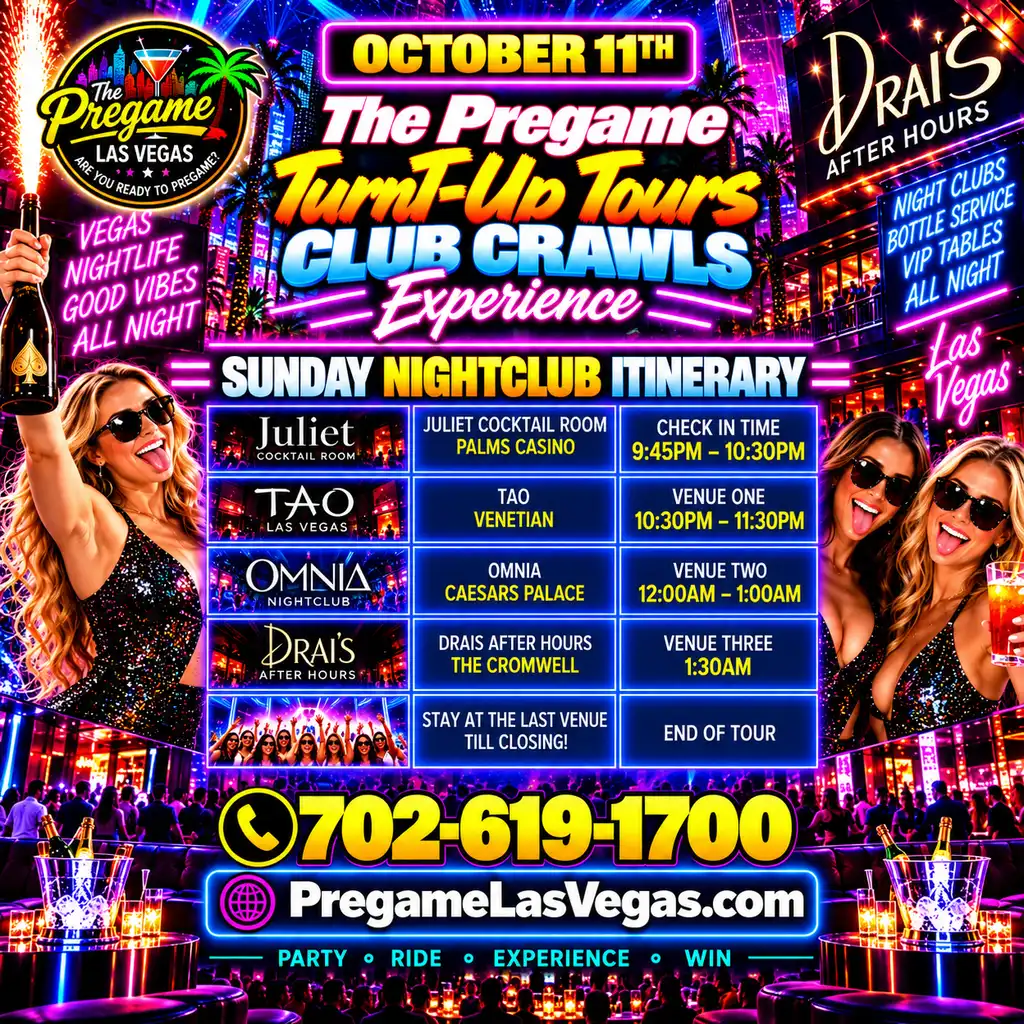 Sunday Pregame TurnT-Up Tours Club Crawl Experience ad in purple.