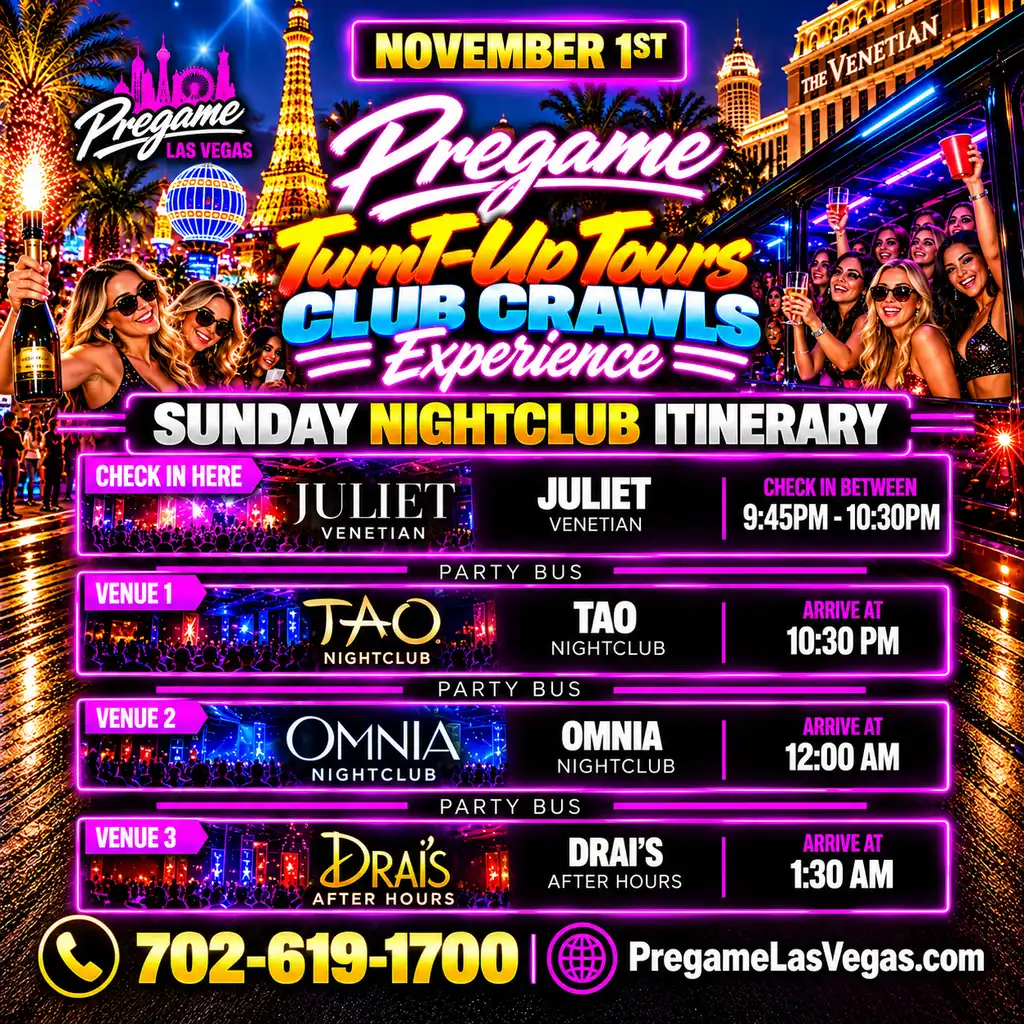 Sunday Pregame TurnT-Up Club Crawl Tours Graphic Ad with club lists.