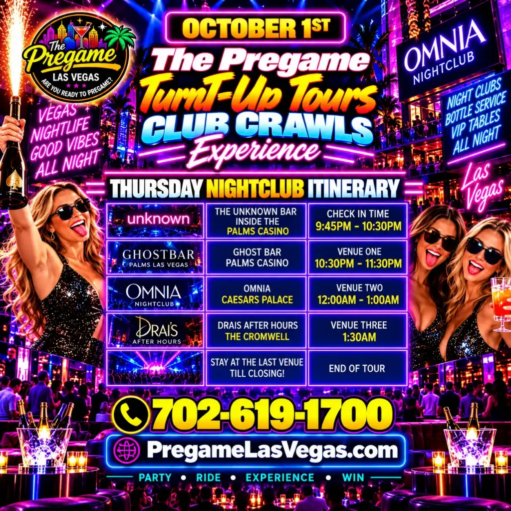 Thursday Pregame TurnT-Up Tours Club Crawl Experience ad in purple.