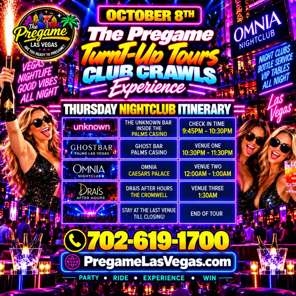Thursday Pregame TurnT-Up Tours Club Crawl Experience ad in purple.