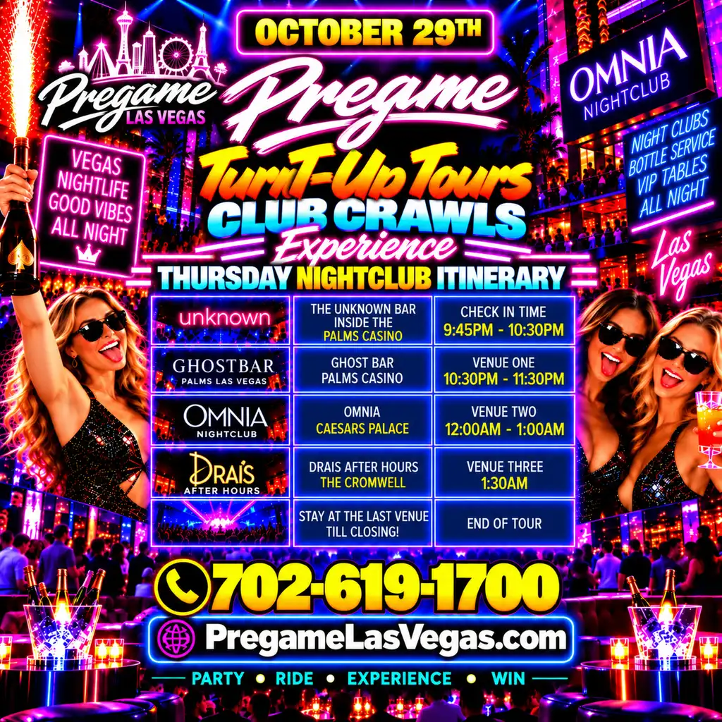 Thursday Pregame TurnT-Up Club Crawl Tours Graphic Ad with club lists.