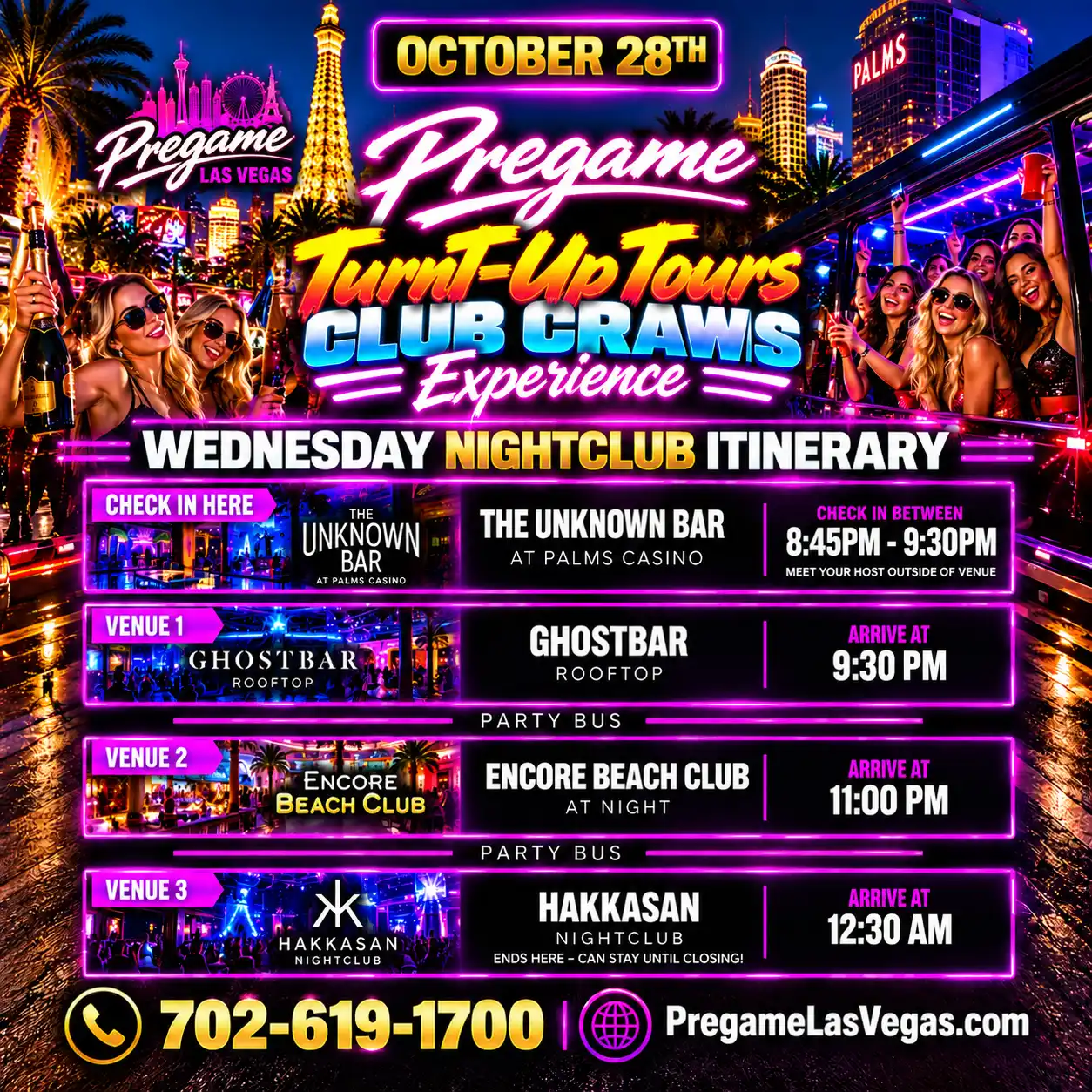 Wednesday Pregame TurnT-Up Club Crawl Tours Graphic Ad with club lists.